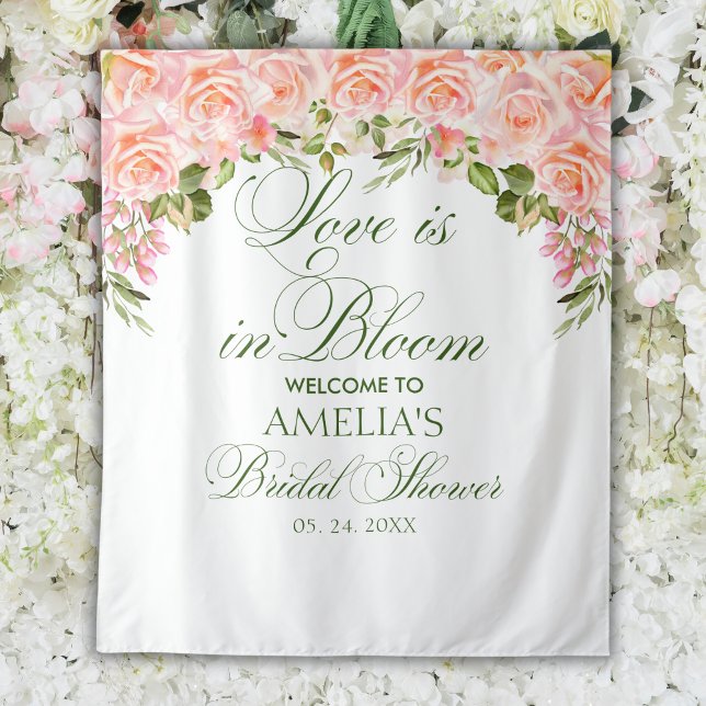 Beautiful Pink Roses Bridal Shower Welcome Sign Tapestry (Creator Uploaded)