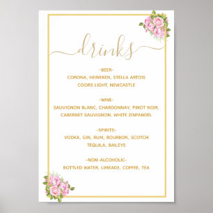 Beautiful Pink Roses Drinks Menú Poster