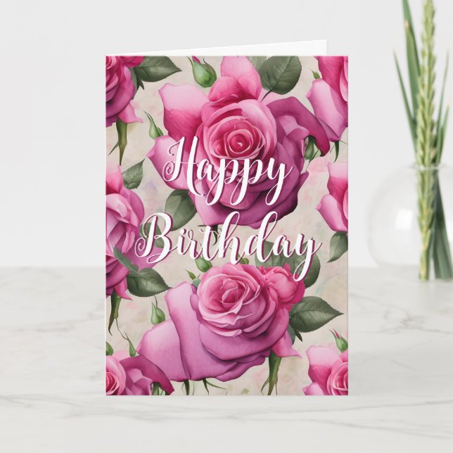 Beautiful Pink Roses Love Floral Happy Birthday Card (Front)