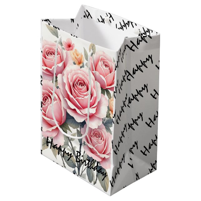 Beautiful Pink Roses Luxury Trendy Collection Medium Gift Bag (Front Angled)