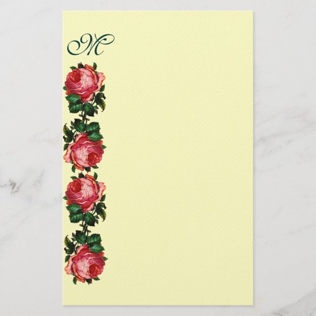 BEAUTIFUL  PINK ROSES  MONOGRAM ,Cream Stationery (Front)