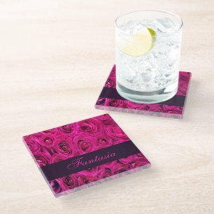 Beautiful pink roses monogram glass coaster