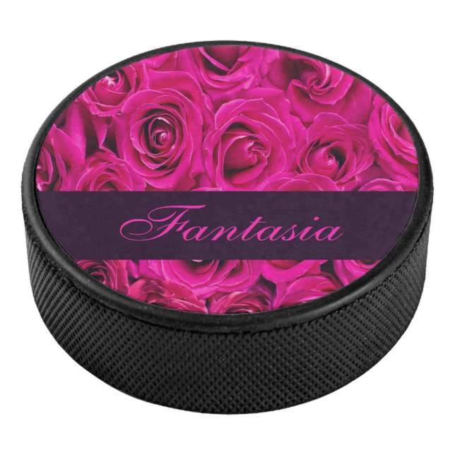 Beautiful pink roses monogram hockey puck (3/4)