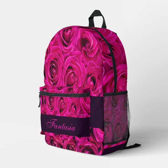 Beautiful pink roses monogram printed backpack (Back Corner Right)