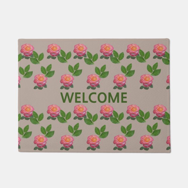 Beautiful Pink Roses on Beige Doormat (Front)