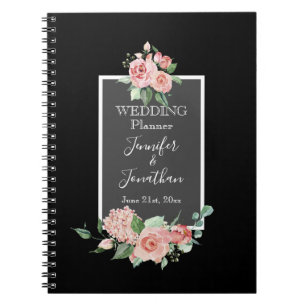 Beautiful Pink Roses on Black Wedding Planner Notebook