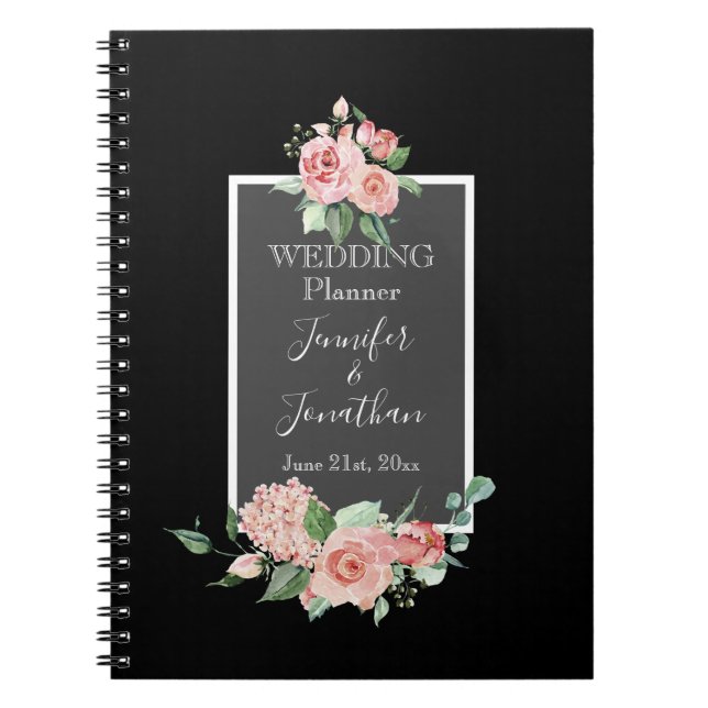 Beautiful Pink Roses on Black Wedding Planner Notebook (Front)