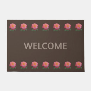 Beautiful Pink Roses on Brown Big Welcome Doormat