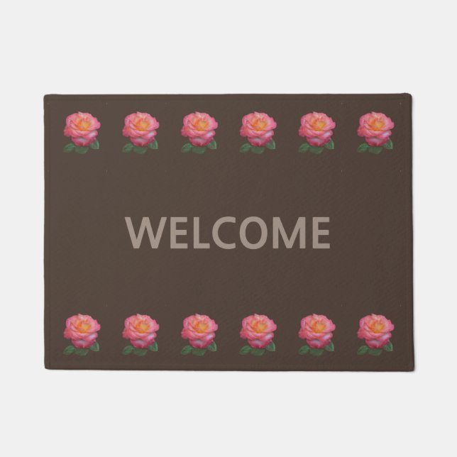 Beautiful Pink Roses on Brown Welcome Doormat (Front)