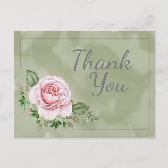 Beautiful Pink Roses on Green Watercolor Thank You Postcard (Front)