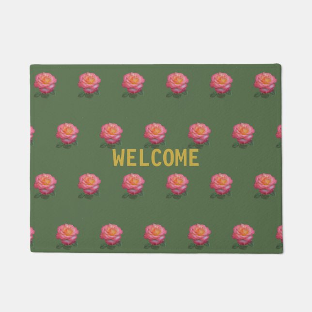 Beautiful Pink Roses on Hunter Green Doormat (Front)