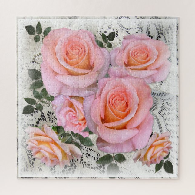 Beautiful Pink Roses on Lace Background Jigsaw Puzzle (Vertical)