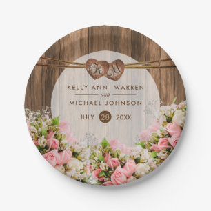 Beautiful Pink Roses on Wood Paper Plate