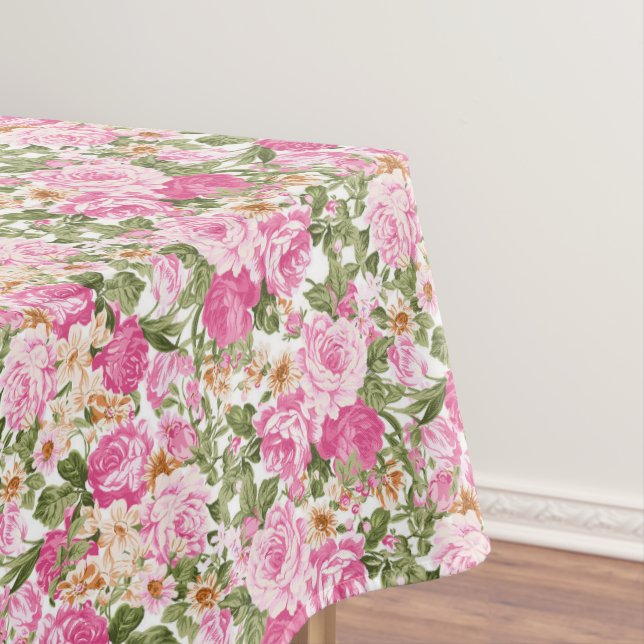 Beautiful pink roses pattern dining tablecloth (In Situ)