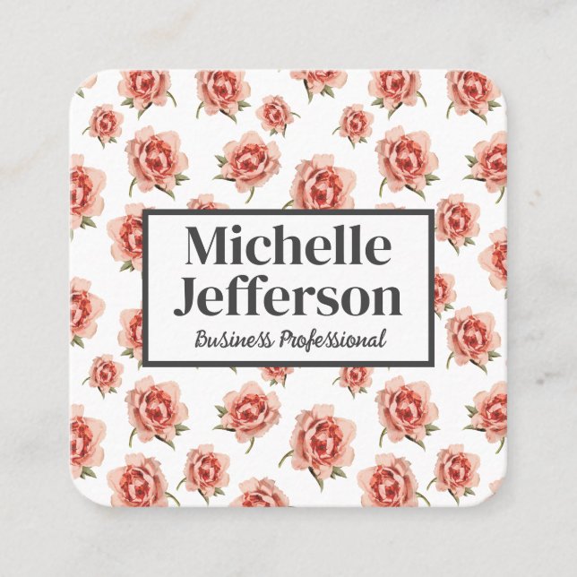 Beautiful Pink Roses Pattern Square Business Card (Front)