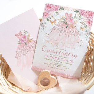 Beautiful Pink Roses Princess Dress Quinceañera Invitation
