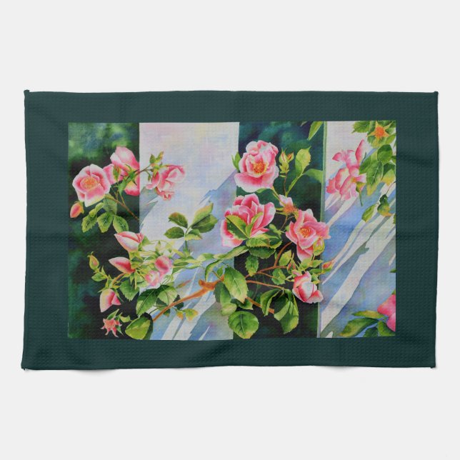 Beautiful pink roses, red roses, watercolor floral tea towel (Horizontal)