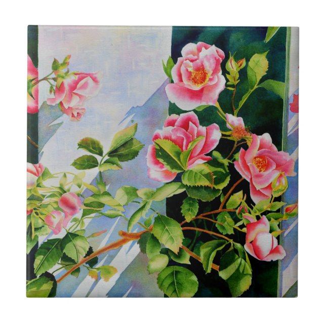 Beautiful pink roses, red roses, watercolor floral tile (Front)