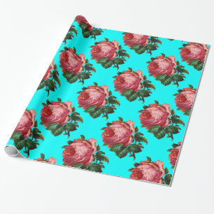 BEAUTIFUL PINK ROSES ,Turquoise Teal Blue Wrapping Paper