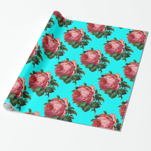 BEAUTIFUL PINK ROSES ,Turquoise Teal Blue Wrapping Paper (Unrolled)