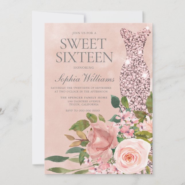 Beautiful Pink Sparkle Dress Rose Gold Sweet 16 Invitation (Front)