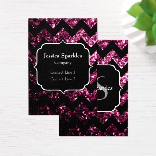 Beautiful Pink sparkles black Chevron and Monogram Business Card
