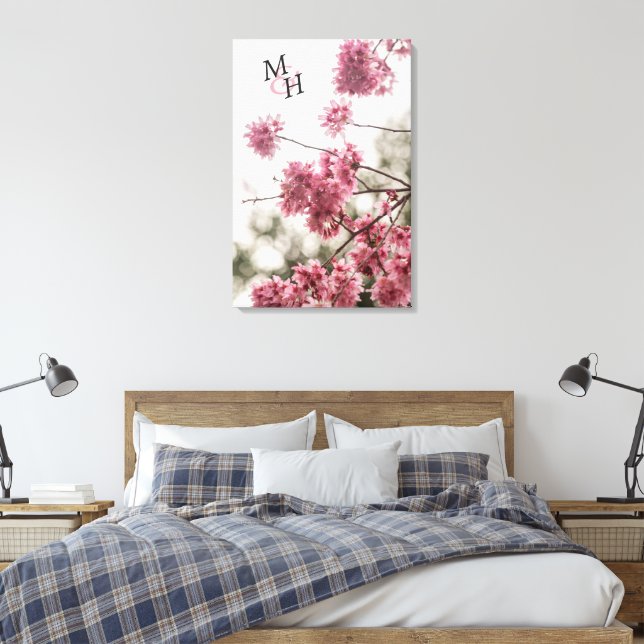 Beautiful Pink Spring Flowers Monogram Canvas Print (Insitu(Bedroom))