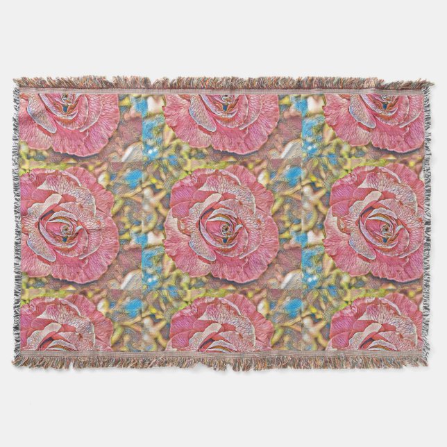 Beautiful pink summer rose flower painting throw blanket (Front)