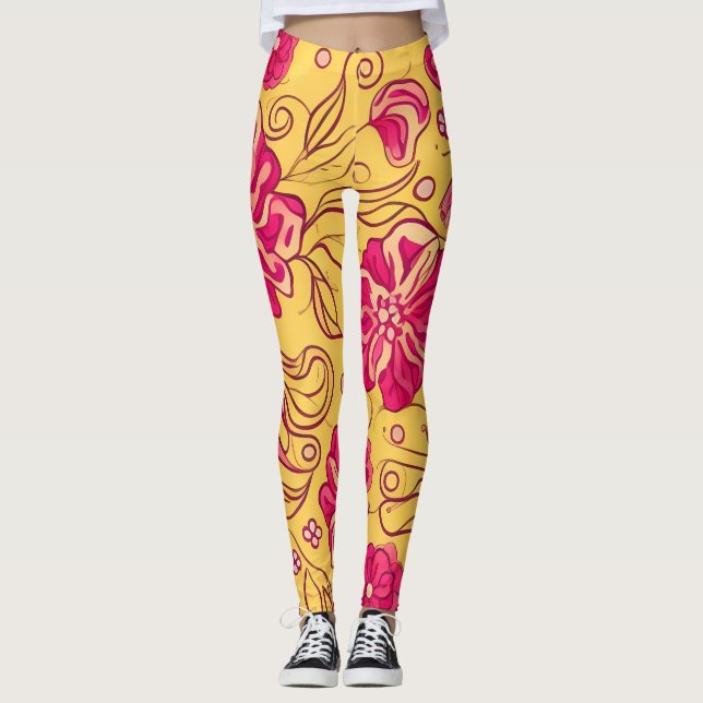 Beautiful Pink Swirly Flowers Pattern Leggings (Front)
