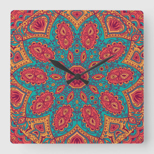 Beautiful Pink Teal Orange Zen Pattern Square Wall Clock