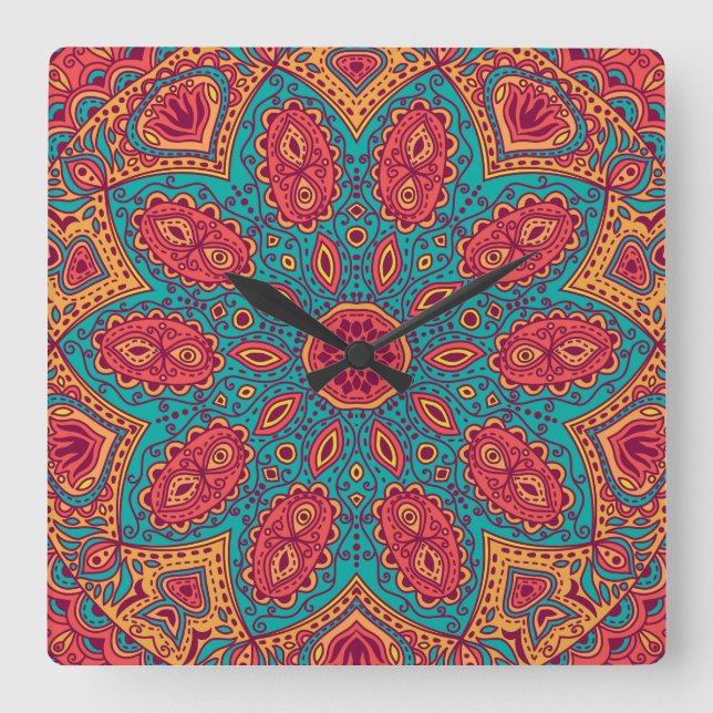 Beautiful Pink Teal Orange Zen Pattern Square Wall Clock (Front)