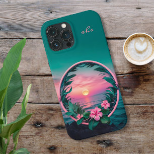 Beautiful Pink-Teal Tropical Flower Sunset Wreath iPhone 13 Pro Max Case