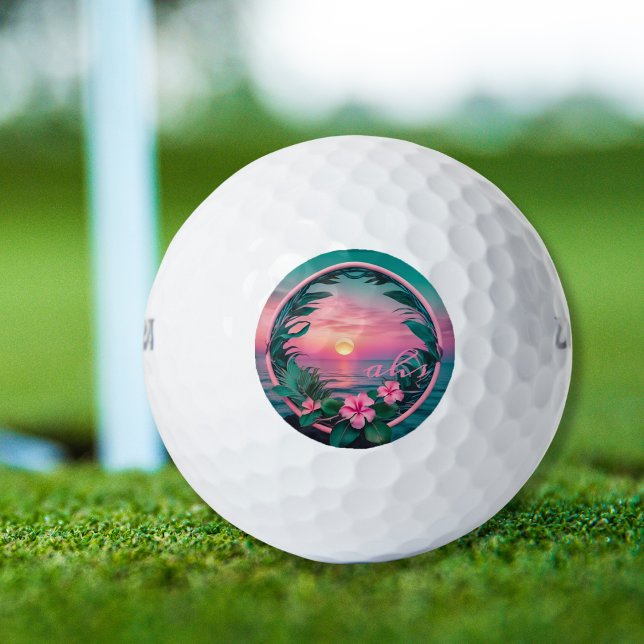 Beautiful Pink-Teal Tropical Flower Sunset Wreath Golf Balls (Creator Uploaded)