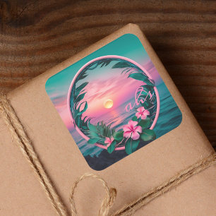 Beautiful Pink-Teal Tropical Flower Sunset Wreath Square Sticker