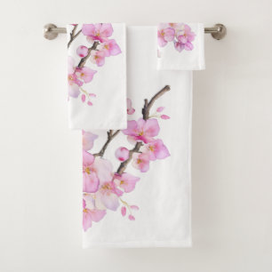 Beautiful pink watercolor cherry blossoms bath towel set