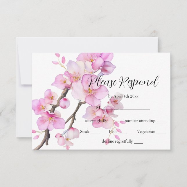 Beautiful pink watercolor cherry blossoms  RSVP card (Front)
