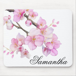 Beautiful pink watercolor cherry blossoms script  mouse mat