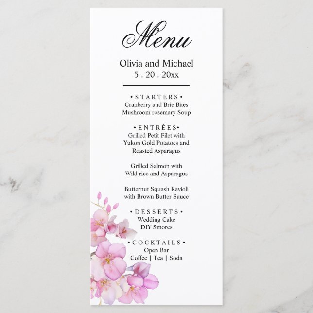Beautiful pink watercolor cherry blossoms wedding menu (Front)