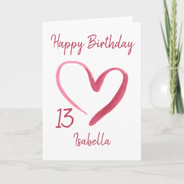 Beautiful Pink Watercolor Heart 13th Birthday Card (Front)