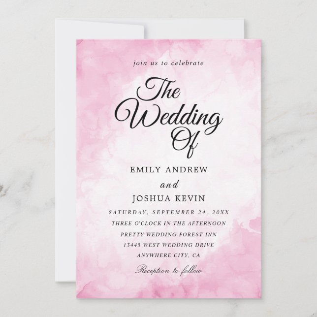beautiful pink watercolor wedding invitations (Front)