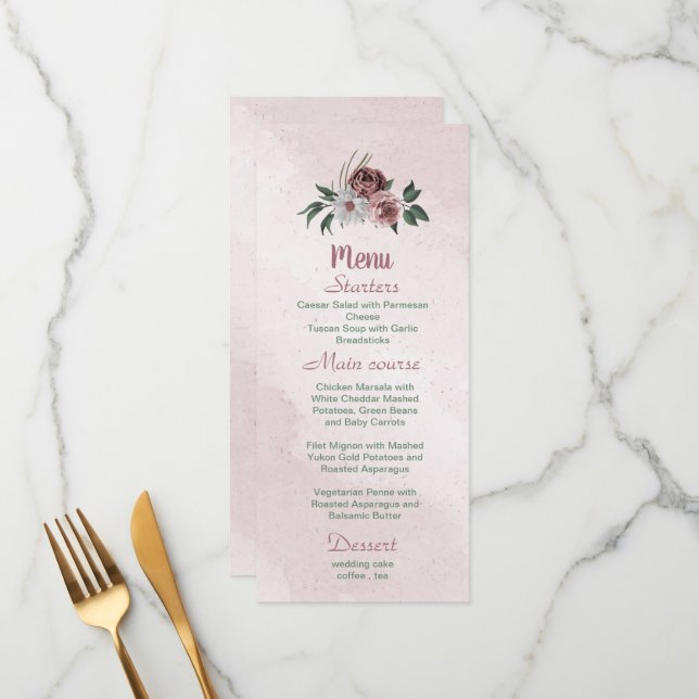 beautiful pink white cinnamon rose floral greenery menu (Front/Back In Situ)