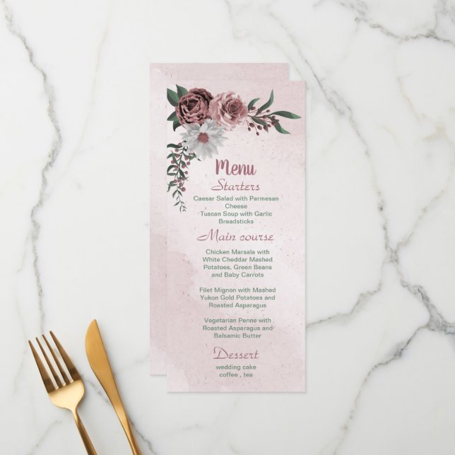 beautiful pink white cinnamon rose floral greenery menu (Front/Back In Situ)