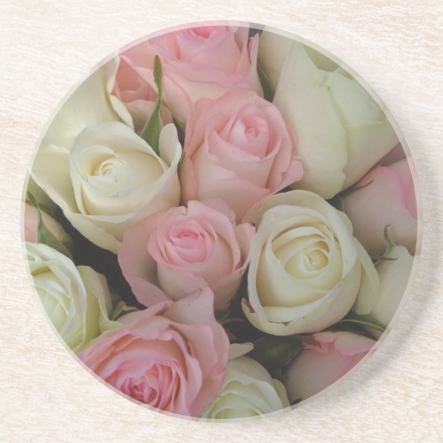 Beautiful Pink White Roses Flower Bouquet Coaster (Front)