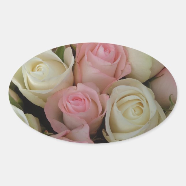 Beautiful Pink White Roses Flower Bouquet Oval Sticker (Front)