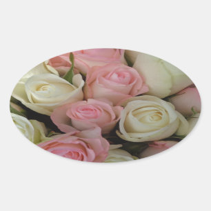 Beautiful Pink White Roses Flower Bouquet Oval Sticker