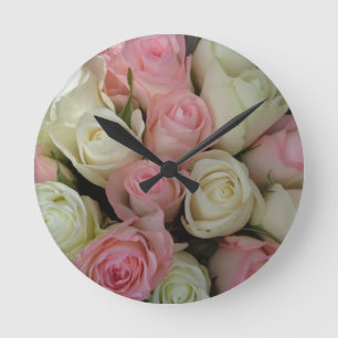Beautiful Pink White Roses Flower Bouquet Round Clock