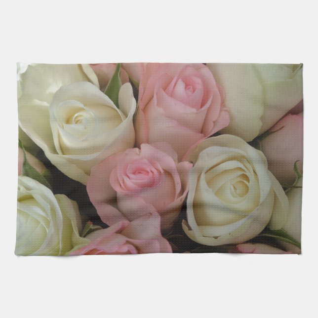Beautiful Pink White Roses Flower Bouquet Tea Towel (Horizontal)