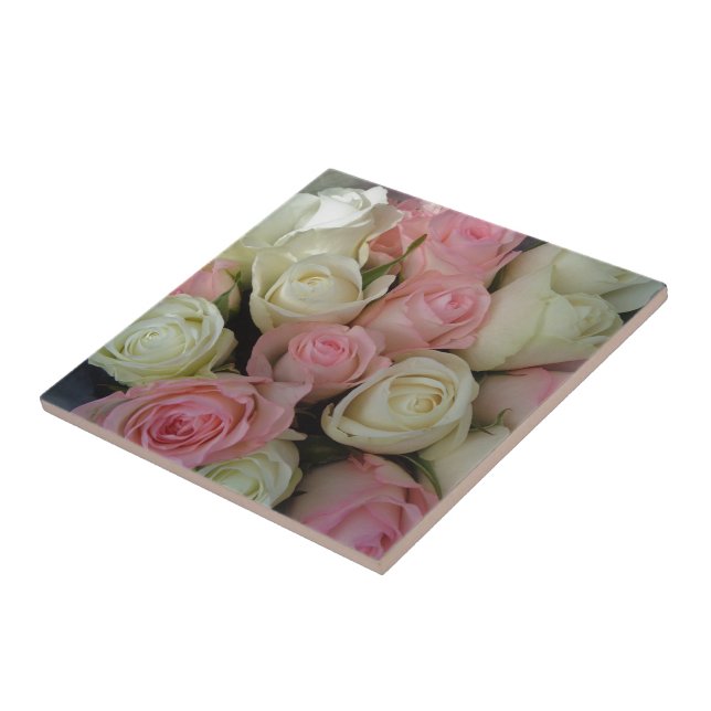 Beautiful Pink White Roses Flower Bouquet Tile (Side)