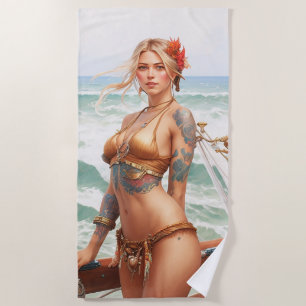 Beautiful pirate tattoo girl Beach Towel