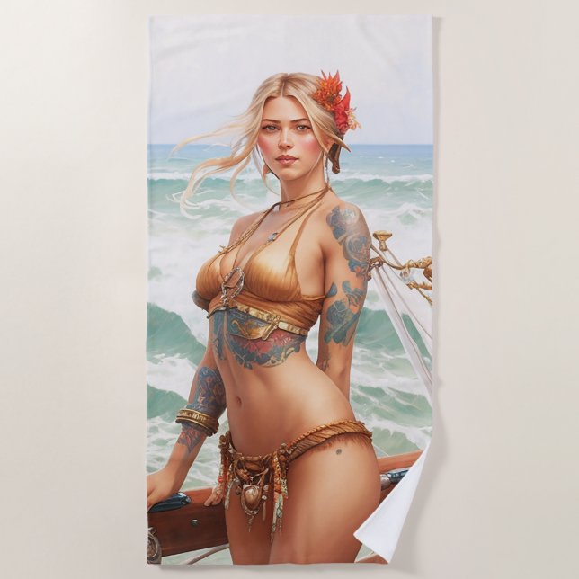 Beautiful pirate tattoo girl Beach Towel (Front)
